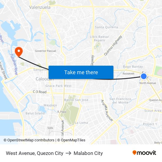 West Avenue, Quezon City to Malabon City map