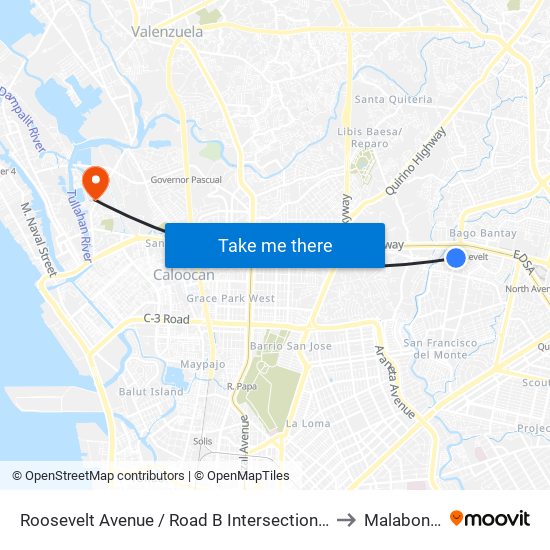 Roosevelt Avenue / Road B Intersection, Quezon City to Malabon City map