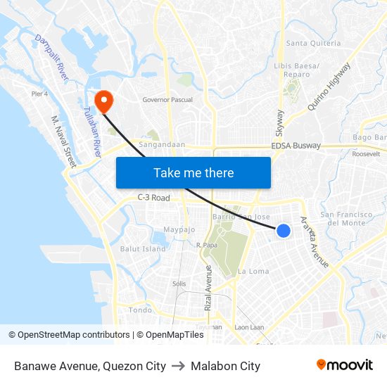 Banawe Avenue, Quezon City to Malabon City map