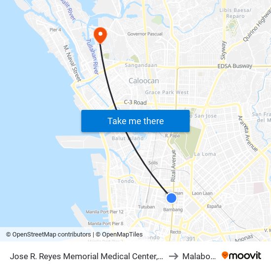 Jose R. Reyes Memorial Medical Center, Quiricada, Manila to Malabon City map