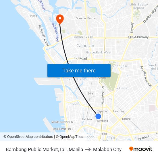 Bambang Public Market, Ipil, Manila to Malabon City map