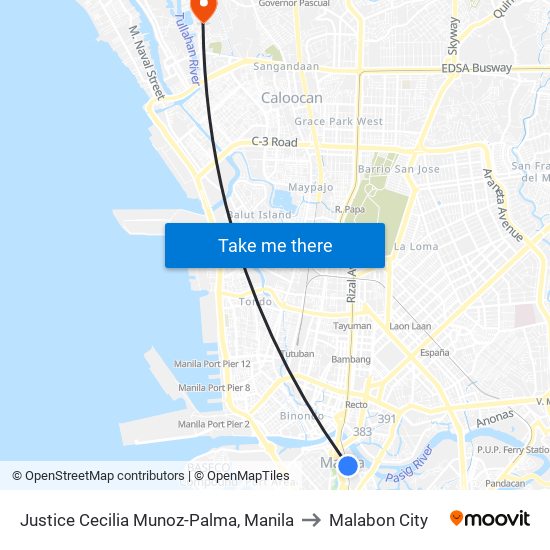 Justice Cecilia Munoz-Palma, Manila to Malabon City map