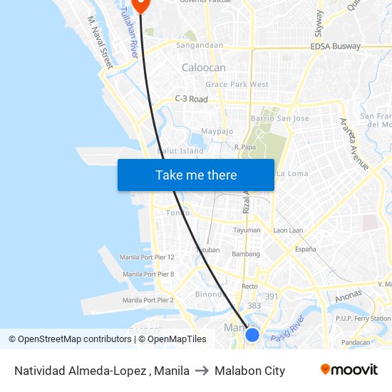 Natividad Almeda-Lopez , Manila to Malabon City map