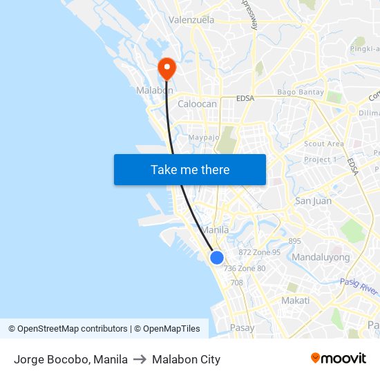 Jorge Bocobo, Manila to Malabon City map