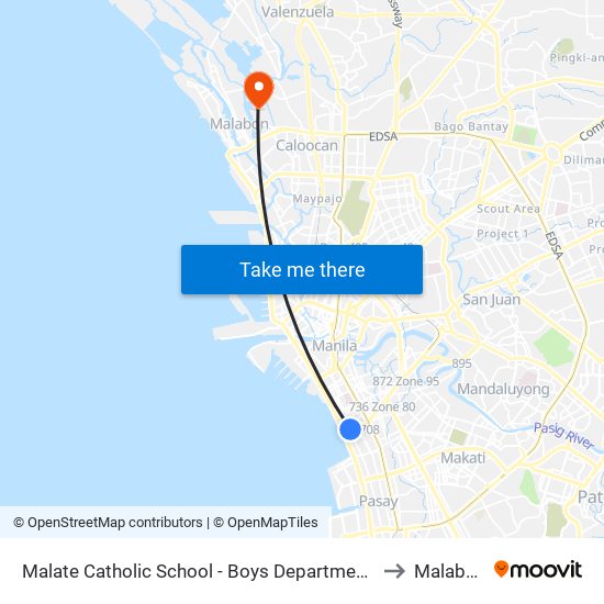 Malate Catholic School - Boys Department, Madre Ignacia, Manila to Malabon City map