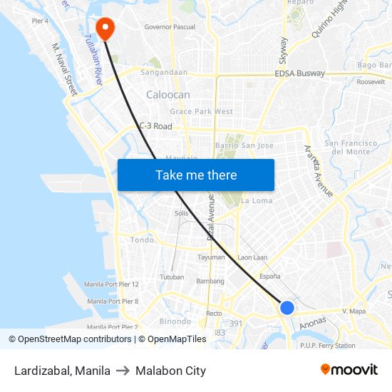 Lardizabal, Manila to Malabon City map