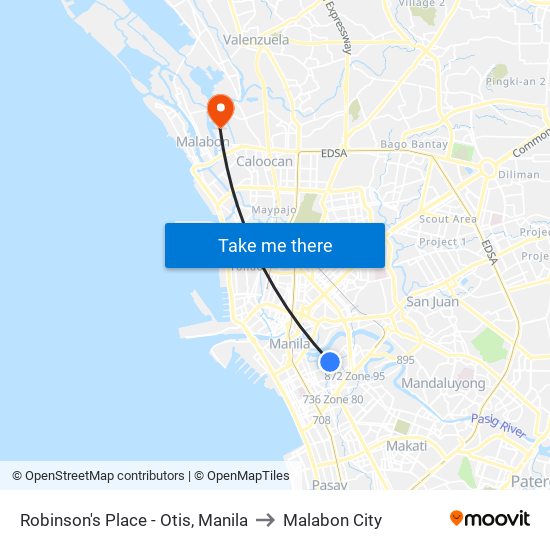 Robinson's Place - Otis, Manila to Malabon City map