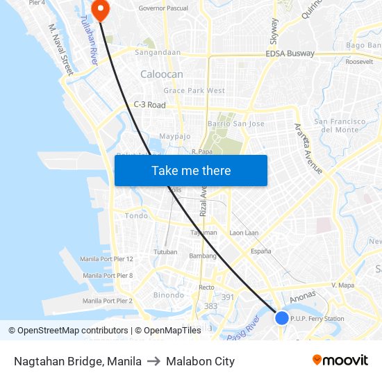 Nagtahan Bridge, Manila to Malabon City map