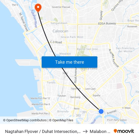 Nagtahan Flyover / Duhat Intersection, Manila to Malabon City map