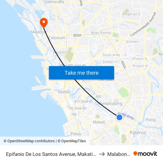 Epifanio De Los Santos Avenue, Makati City, Manila to Malabon City map