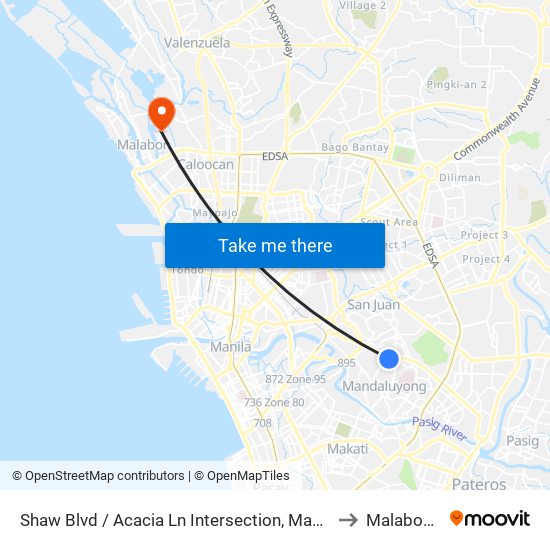 Shaw Blvd / Acacia Ln Intersection, Mandaluyong City to Malabon City map