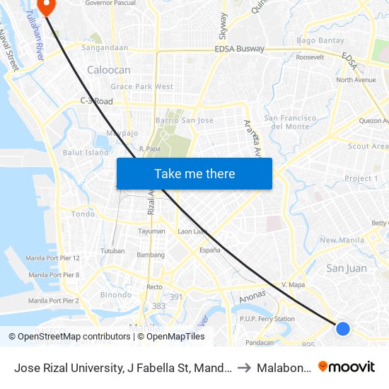 Jose Rizal University, J Fabella St, Mandaluyong City to Malabon City map