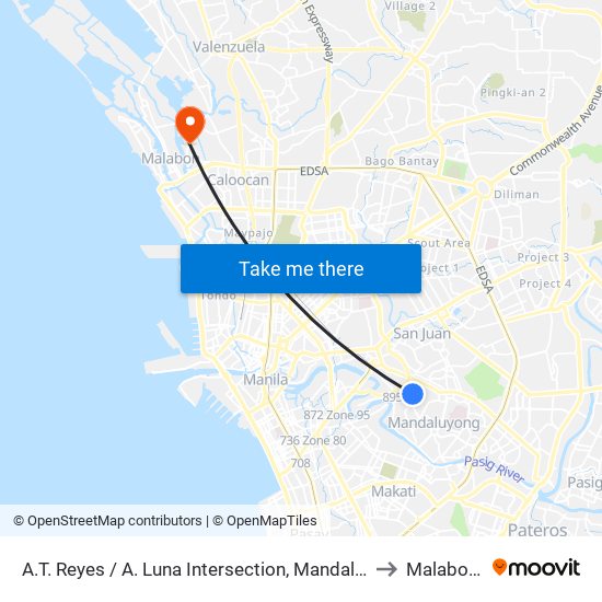 A.T. Reyes / A. Luna Intersection, Mandaluyong City, Manila to Malabon City map