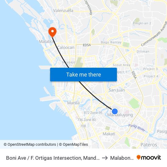 Boni Ave / F. Ortigas Intersection, Mandaluyong City to Malabon City map