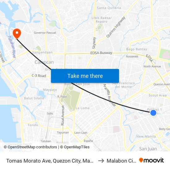 Tomas Morato Ave, Quezon City, Manila to Malabon City map