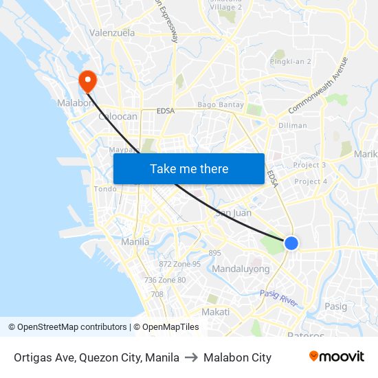 Ortigas Ave, Quezon City, Manila to Malabon City map