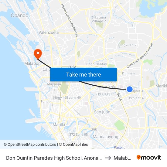Don Quintin Paredes High School, Anonas, Quezon City, Manila to Malabon City map