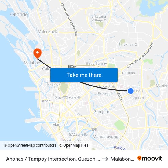 Anonas / Tampoy Intersection, Quezon City, Manila to Malabon City map