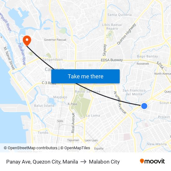 Panay Ave, Quezon City, Manila to Malabon City map