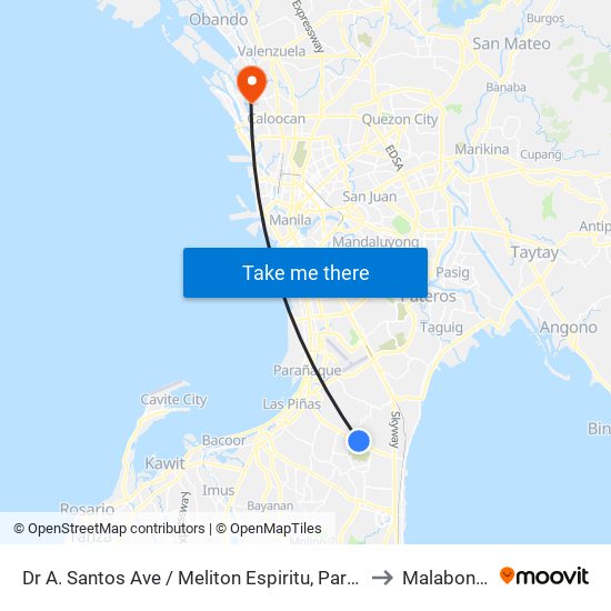 Dr A. Santos Ave / Meliton Espiritu, Parañaque City to Malabon City map