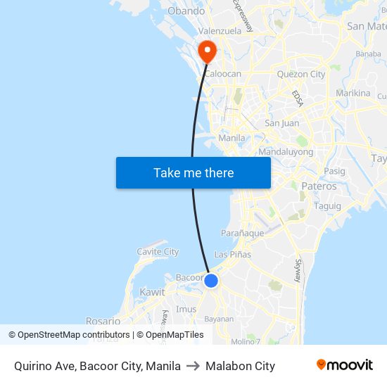 Quirino Ave, Bacoor City, Manila to Malabon City map