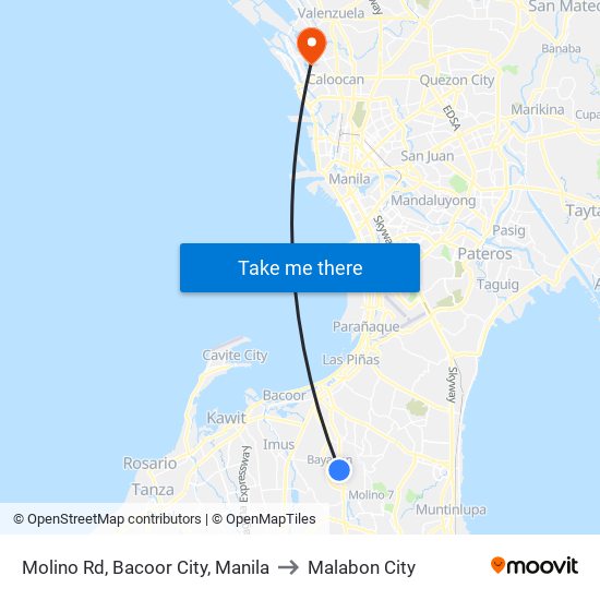 Molino Rd, Bacoor City, Manila to Malabon City map