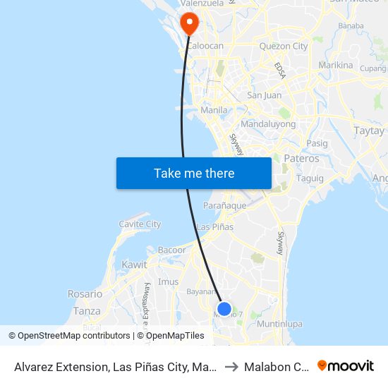 Alvarez Extension, Las Piñas City, Manila to Malabon City map