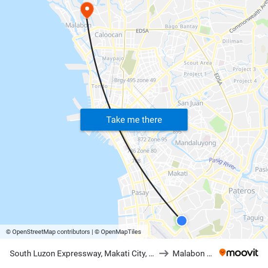 South Luzon Expressway, Makati City, Manila to Malabon City map