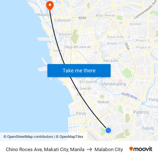 Chino Roces Ave, Makati City, Manila to Malabon City map