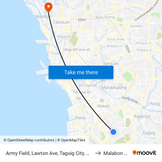 Army Field, Lawton Ave, Taguig City, Manila to Malabon City map