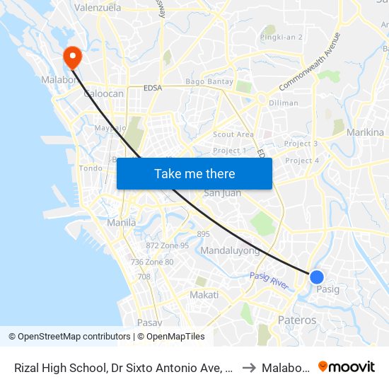 Rizal High School, Dr Sixto Antonio Ave, Pasig City, Manila to Malabon City map