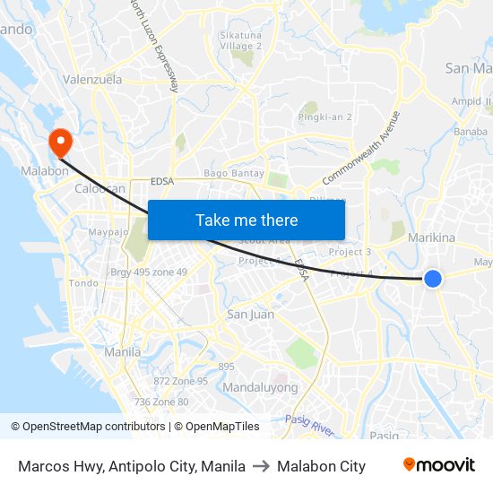 Marcos Hwy, Antipolo City, Manila to Malabon City map