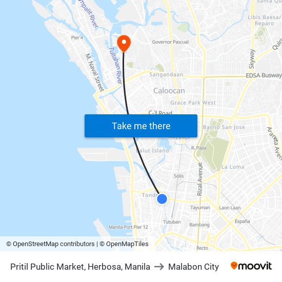 Pritil Public Market, Herbosa, Manila to Malabon City map