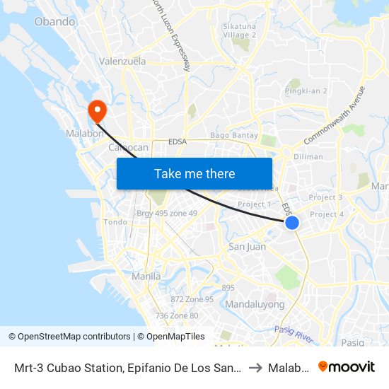 Mrt-3 Cubao Station, Epifanio De Los Santos Av, Quezon City, Manila to Malabon City map