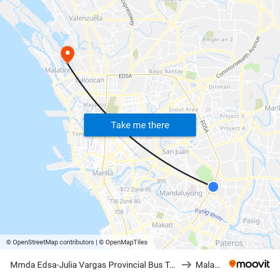 Mmda Edsa-Julia Vargas Provincial Bus Terminal, Mandaluyong City, Manila to Malabon City map