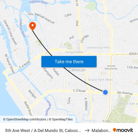 5th Ave West / A Del Mundo St, Caloocan City, Manila to Malabon City map