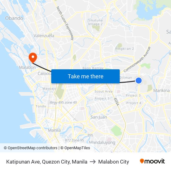 Katipunan Ave, Quezon City, Manila to Malabon City map