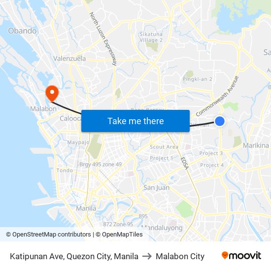Katipunan Ave, Quezon City, Manila to Malabon City map