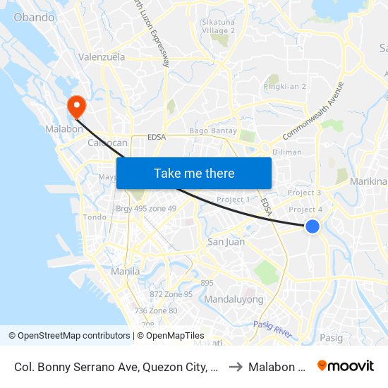 Col. Bonny Serrano Ave, Quezon City, Manila to Malabon City map