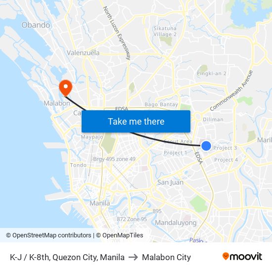 K-J / K-8th, Quezon City, Manila to Malabon City map