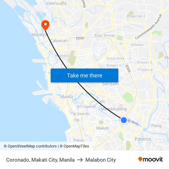 Coronado, Makati City, Manila to Malabon City map