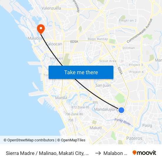 Sierra Madre / Malinao, Makati City, Manila to Malabon City map