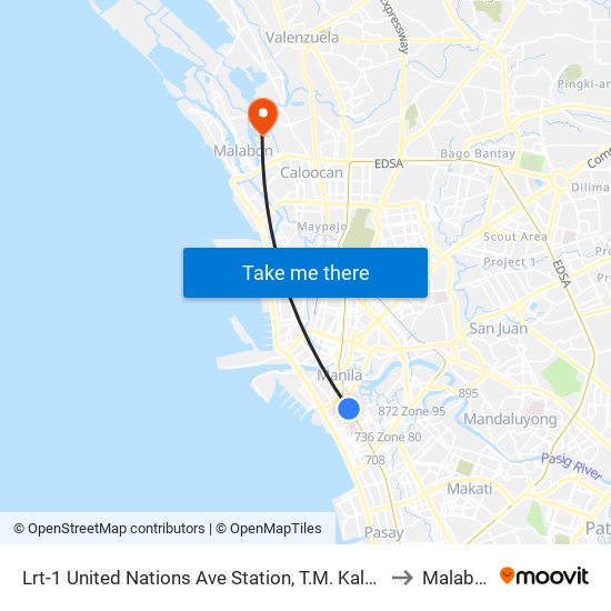 Lrt-1 United Nations Ave Station, T.M. Kalaw / General Luna St, Manila to Malabon City map