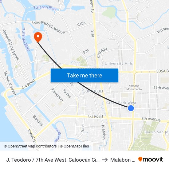 J. Teodoro / 7th Ave West, Caloocan City, Manila to Malabon City map