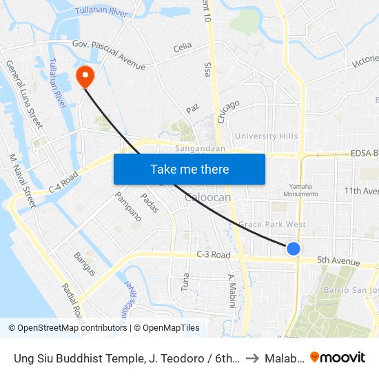Ung Siu Buddhist Temple, J. Teodoro / 6th Ave West, Caloocan City, Manila to Malabon City map