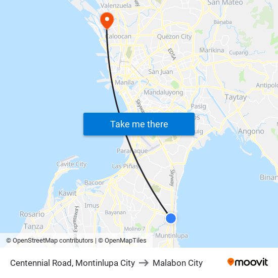 Centennial Road, Montinlupa City to Malabon City map
