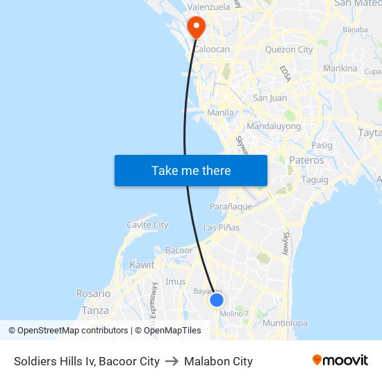 Soldiers Hills Iv, Bacoor City to Malabon City map