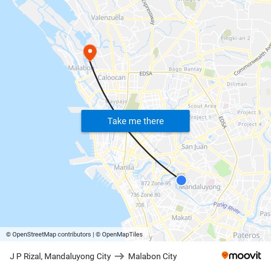 J P Rizal, Mandaluyong City to Malabon City map
