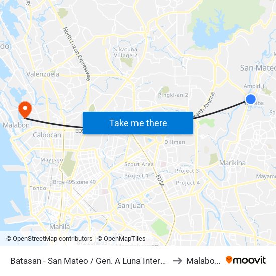 Batasan - San Mateo / Gen. A Luna Intersection, San Mateo to Malabon City map