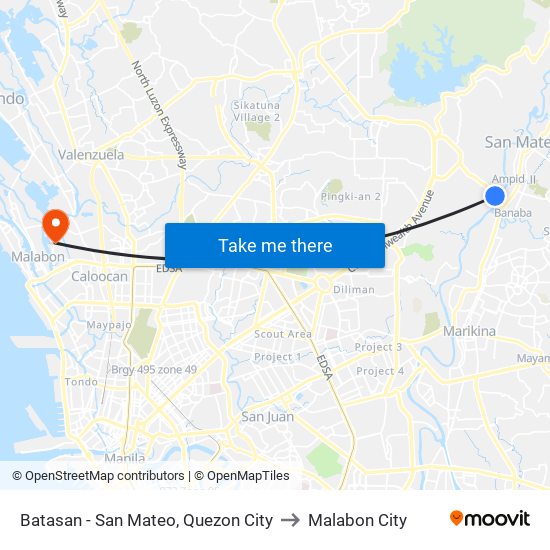 Batasan - San Mateo, Quezon City to Malabon City map